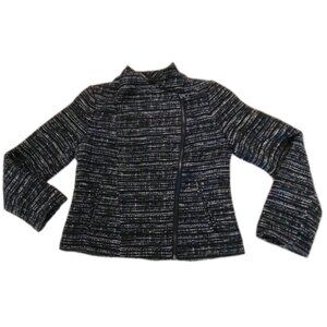 Banana Republic Factory Blazer Womens Sz 12 Blue  Black White Tweed Short Jacket